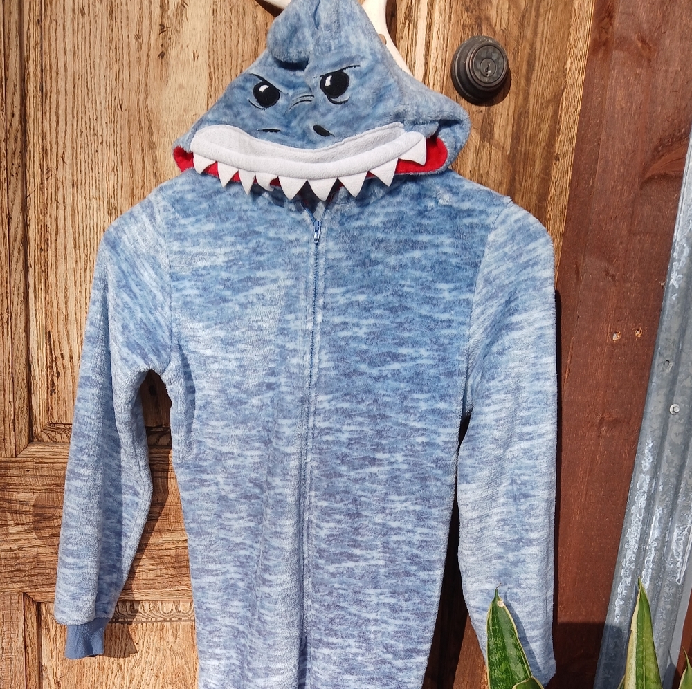 Blue Shark-Themed Kids One Piece Pajama Costume Onesie Fleece Zip Up Hoodie